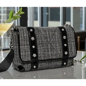BRIGHTON Tweed Black Patent Leather Chain Handle Purse Luxury With Flower